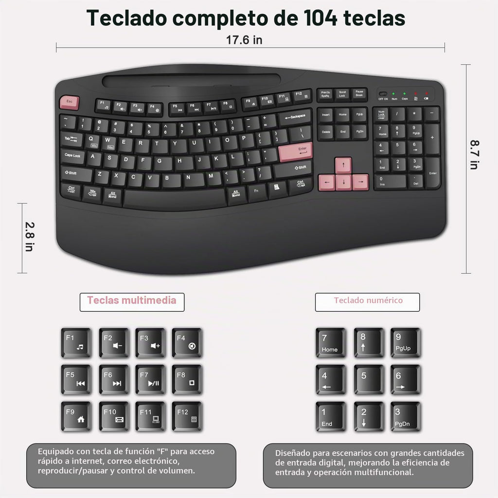 Combo de teclado y mouse inalámbricos, teclas onduladas de tamaño c...