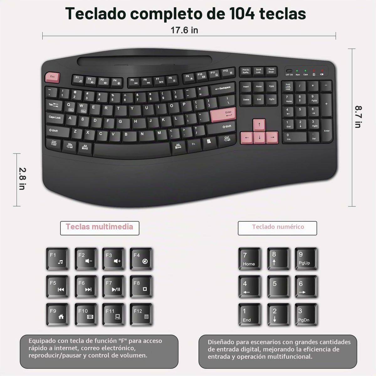 Combo de teclado y mouse inalámbricos, teclas onduladas de tamaño c...