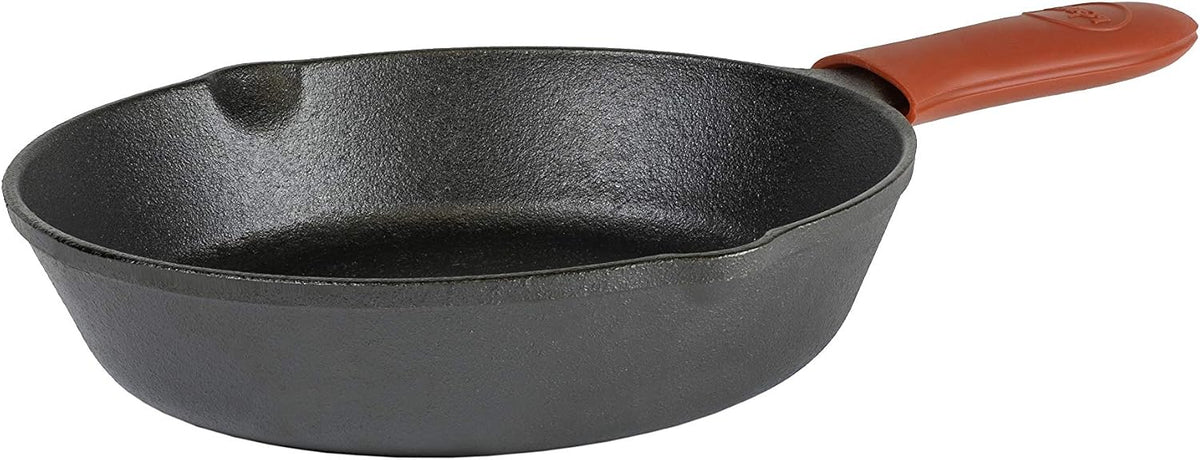 Sartén de hierro fundido Lodge con minimango rojo de silicona de 8 pulgadas, 8"