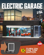 Vitrina de Exhibición de Fundición a Escala 1/64 para Almacenamiento de Hot Wheels con Luces LED, Garaje Eléctrico Apilable con Control de Voz, 3 Escenas 3D Intercambiables Diorama de