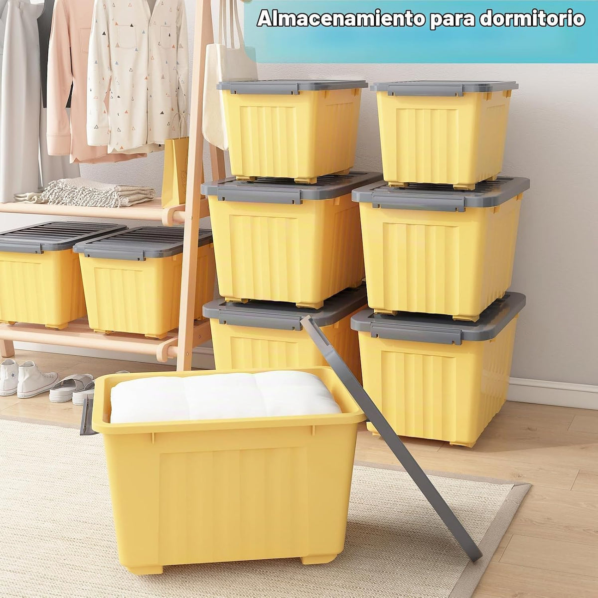 Nazhura Contenedor de almacenamiento de plástico, cajas de almacenamiento apilables y encajables con tapas blancas y hebillas de cierre seguro, contenedor de almacenamiento grande (amarillo/morado, 72