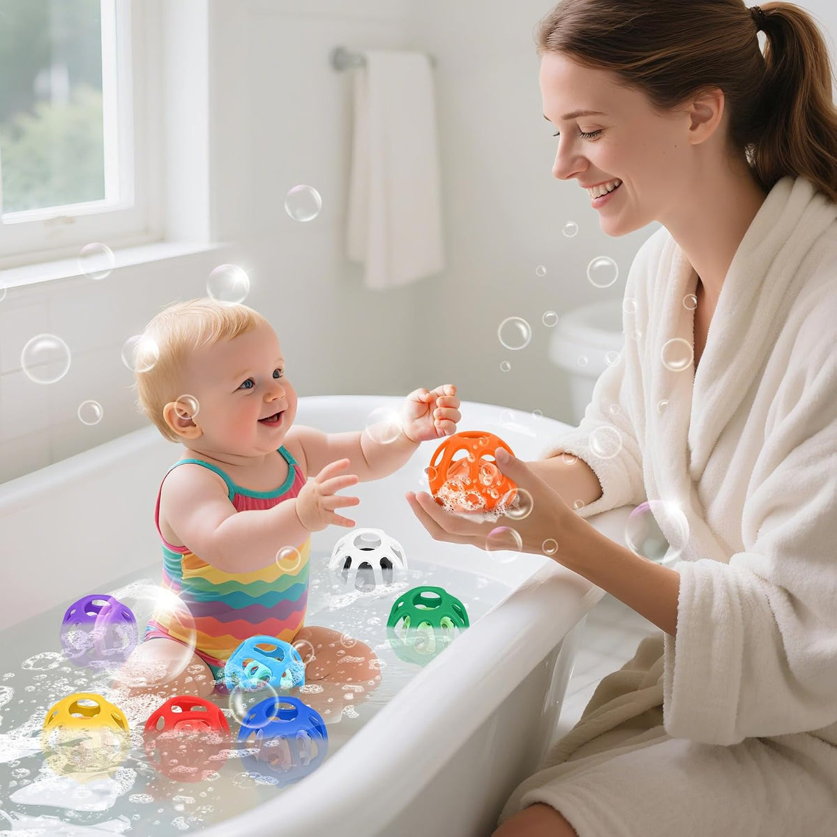 MCGMITT Pelota de juguete para bebé con agujeros, 8 juguetes de silicona de grado alimenticio de fácil agarre para bebés de 0 a 6 meses, coloridos y suaves sin BPA, mordedores Montessori para bebés de 6 a 12 meses, bolas sensoriales elásticas para recién