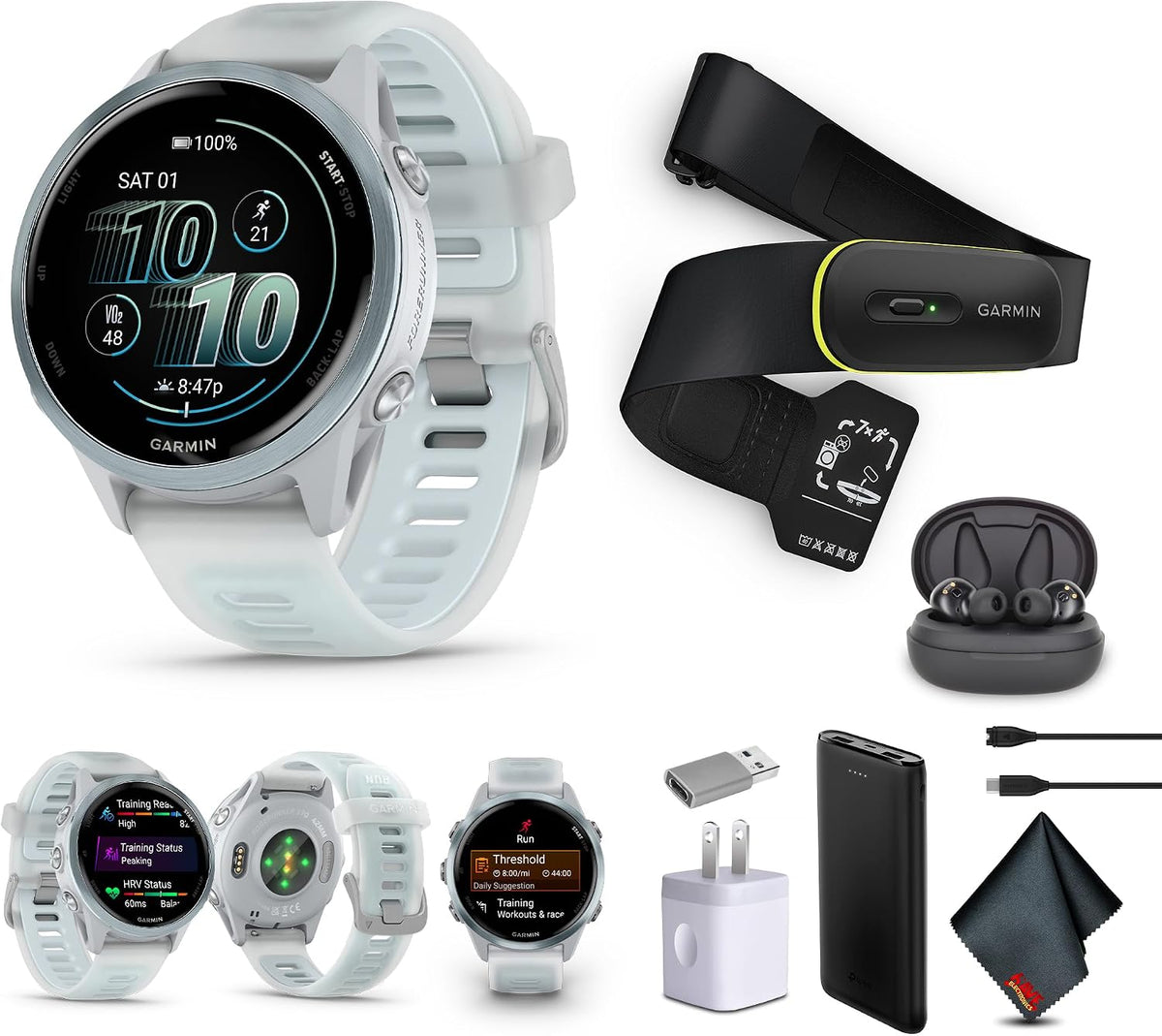 Garmin Forerunner 570 Reloj inteligente para correr, WiFi de 1.654 pulgadas, reloj de fitness GPS para hombres y mujeres, aluminio azul nube con banda translúcida de piedra blanca/azul nube + monitor