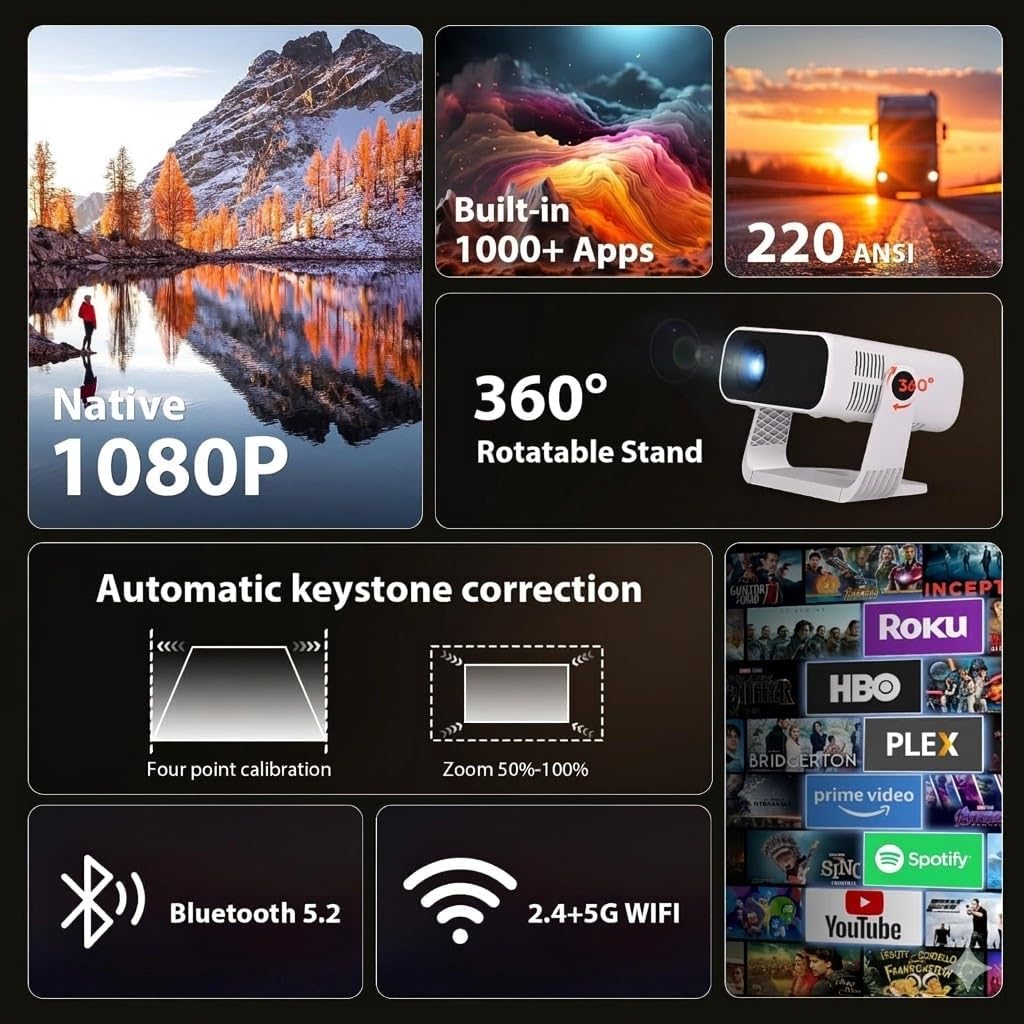 Proyector Mini Smart, con Wifi y Bluetooth, 220 ANSI 1080P HD, apli...