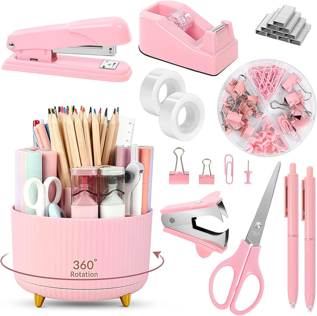 SKYDUE Accesorios de escritorio rosa 10 piezas, porta lapices giratorio para escritorio, engrapadora, removedor de grapas, dispensador de cinta, 2 piezas de recarga de cinta, juego de clips de papel