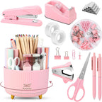 SKYDUE Accesorios de escritorio rosa 10 piezas, porta lapices giratorio para escritorio, engrapadora, removedor de grapas, dispensador de cinta, 2 piezas de recarga de cinta, juego de clips de papel