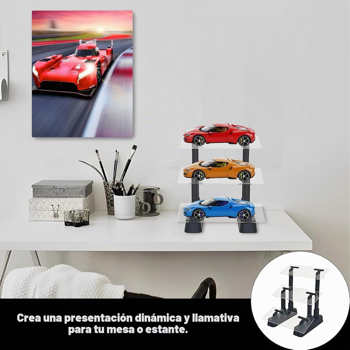 Soporte de exhibición de modelos de automóvil de 3 niveles, vitrina en ángulo para modelos de fundición a presión a escala 1/24, organizador de mesa para 3 modelos, regalo ideal para