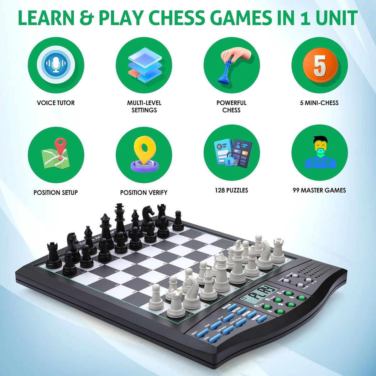 Tablero de ajedrez electrónico Talking Chess Academy, tablero de ajedrez inteligente con sistema de enseñanza de voz, juego de ajedrez para computadora con piezas magnéticas fuertes, 1-2 jugadores, juego de ajedrez electrónico - Viaje portátil simple