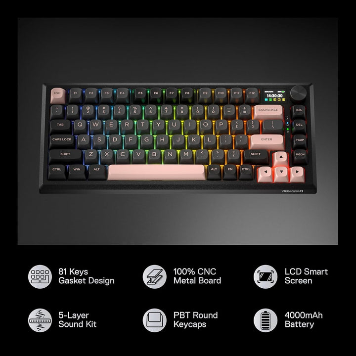 Redragon Teclado inalámbrico para juegos con junta CNC K720 con pan...