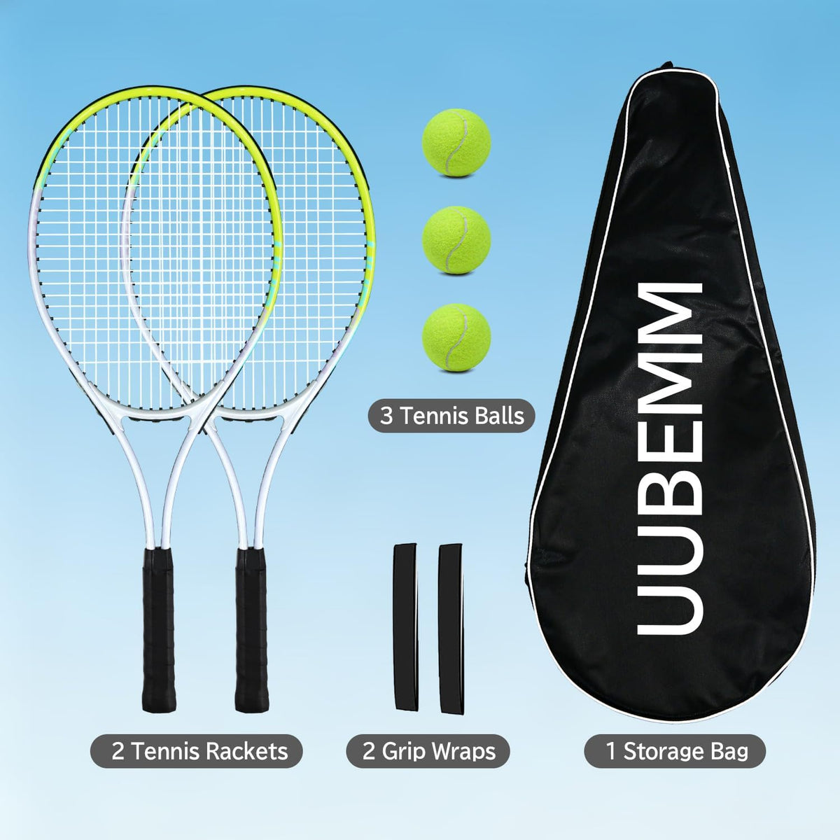 Juego de raquetas de tenis para adultos, 2 raquetas preencordadas de 27 pulgadas, 2 cintas de agarre, 3 pelotas de tenis, 1 bolsa de transporte, perfecto para principiantes y entrenamiento de
