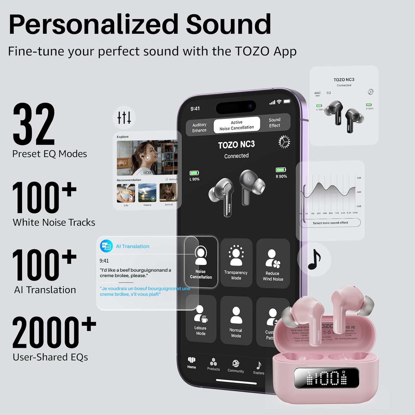 TOZO Auriculares inalámbricos híbridos con cancelación activa de ru...