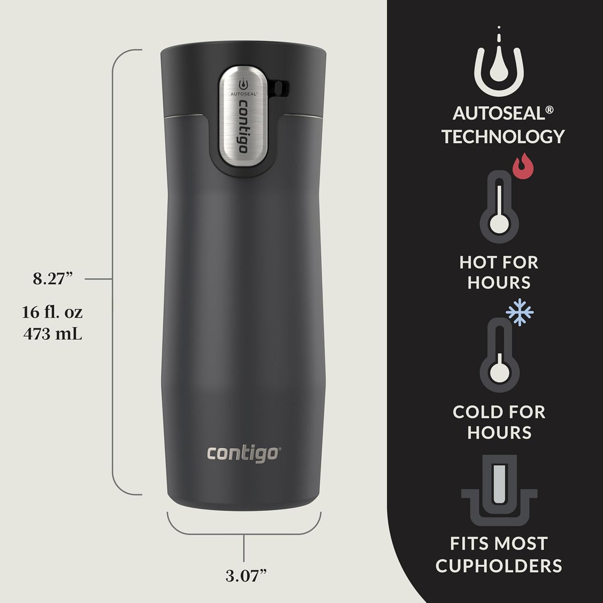 Contigo West Loop - Taza de viaje aislada de acero inoxidable 3.0, a prueba de fugas con tapa de sellado automático, 16 onzas, negro mate