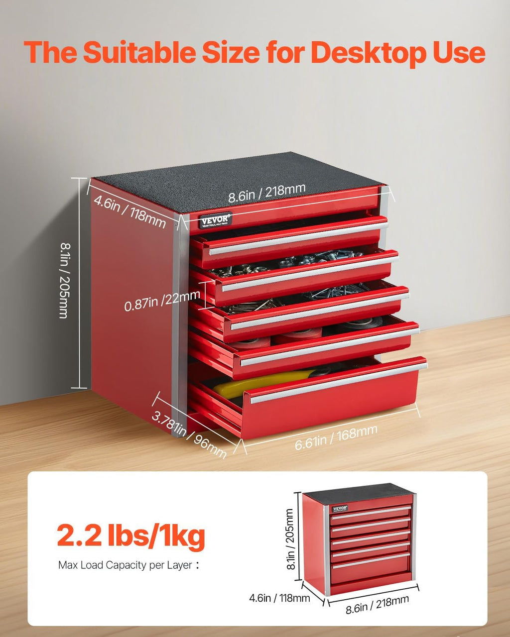 VEVOR Caja de herramientas de metal, de 8.6 pulgadas, caja de herramientas metálica portátil con 5 cajones, pequeño cofre de herramientas con forros EVA y almohadillas de PP, acero resistente con