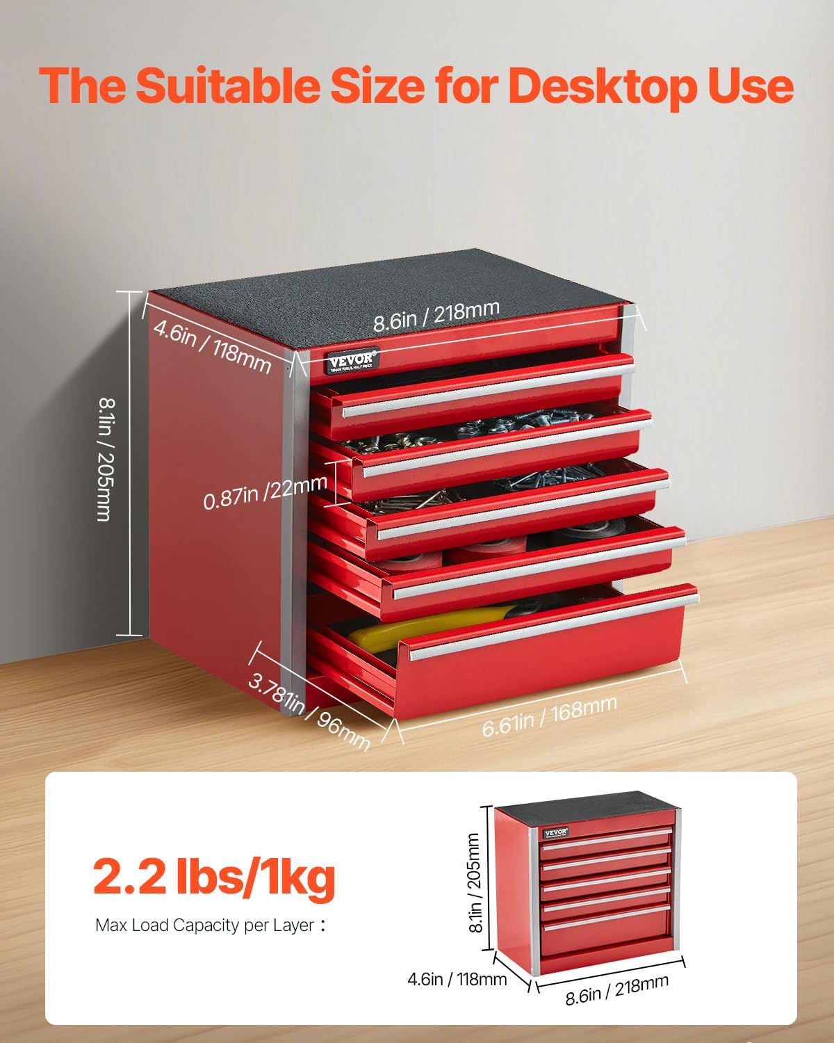 VEVOR Caja de herramientas de metal, de 8.6 pulgadas, caja de herramientas metálica portátil con 5 cajones, pequeño cofre de herramientas con forros EVA y almohadillas de PP, acero resistente con