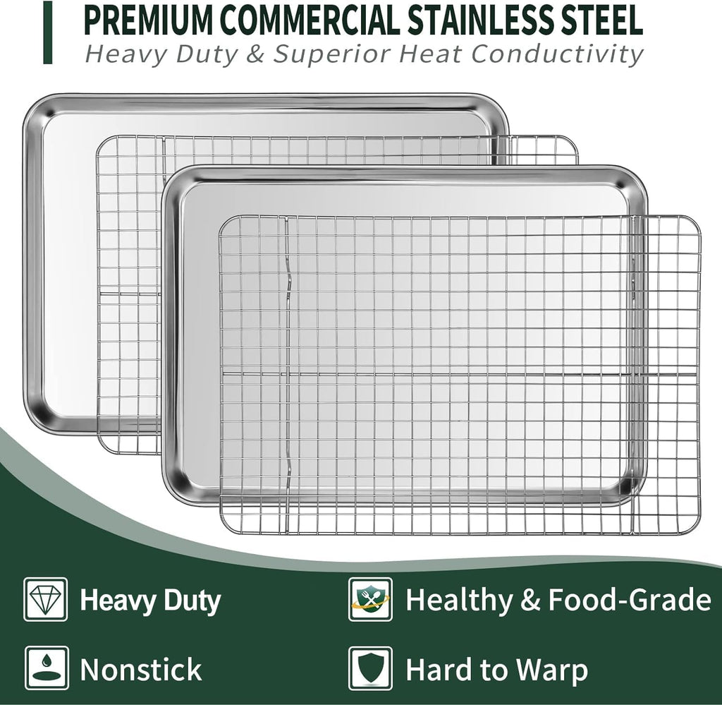Bandeja de un cuarto de hoja con rejilla de enfriamiento CEKEE [2 bandejas para hornear + 2 rejillas para hornear], bandejas de acero inoxidable CEKEE para galletas y rejilla de alambre - resistentes