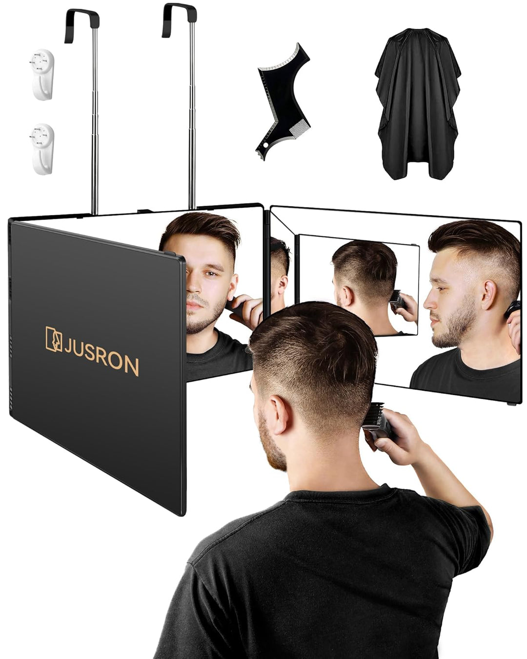 JUSRON Espejo de corte de pelo automático con ángulo de visión 360,...