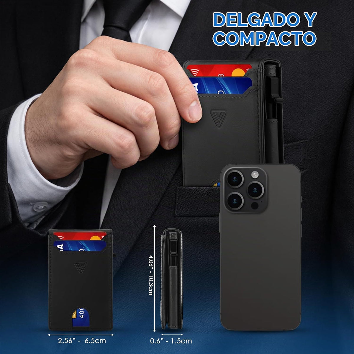 Cartera desplegable de cuero genuino para hombre, soporte delgado y plegable de aluminio con bloqueo RFID, con ventana de identificación, billetera minimalista con bolsillo frontal, con