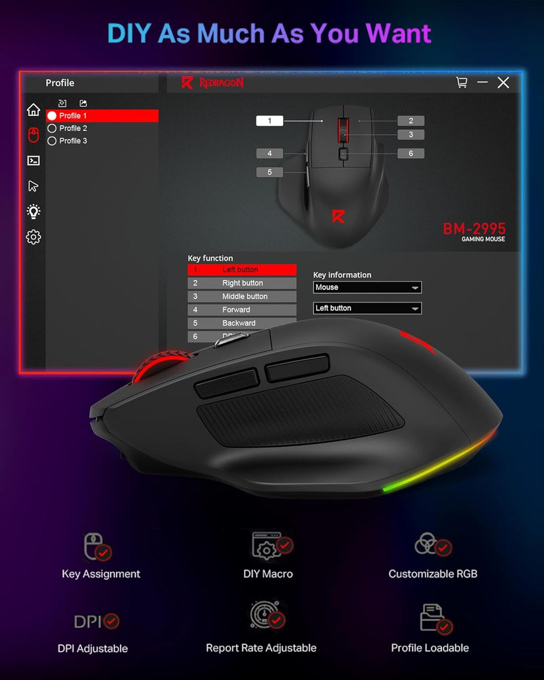 Redragon Ratón inalámbrico grande para manos grandes, tres modos de...