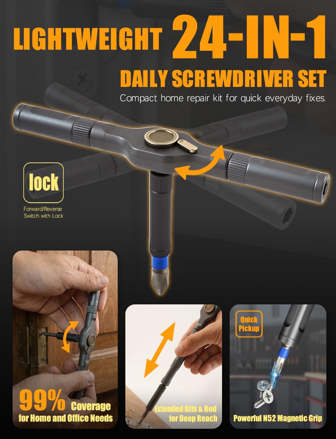 Juego de Destornilladores de Carraca Magnética, Juego 24 en 1 Ratchet Screwdriver Sets, Puntas de Acero S2, DIY, Adecuado para Montaje de Muebles, Reparación de Aparatos Eléctricos de Precisión, Herramientas para Bicicleta