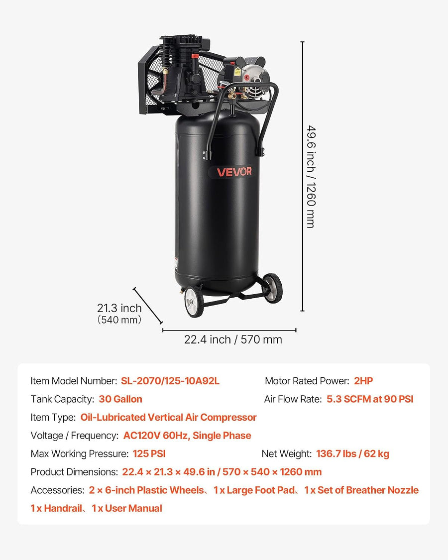 VEVOR Compresor de aire de 30 galones, 2HP 5.3SCFM a 90PSI, tanque...
