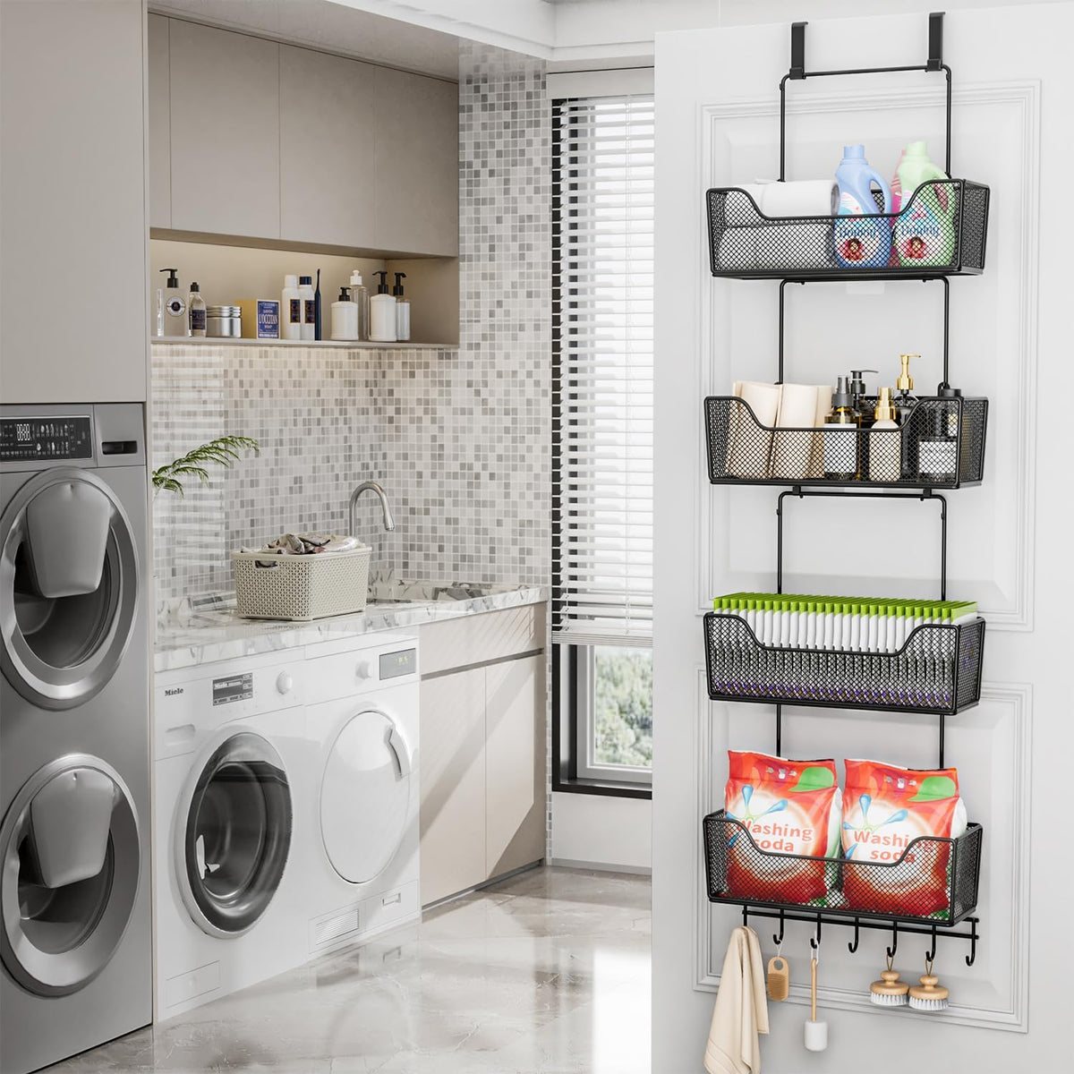 HapiRm Organizador Sobre la Puerta - Organizador de Puerta Colgante con 4 Canastas Metálicas de Gran Capacidad y Gancho Ajustable para Ropa para Baño Dormitorio Cocina Despensa Armario de Cocina