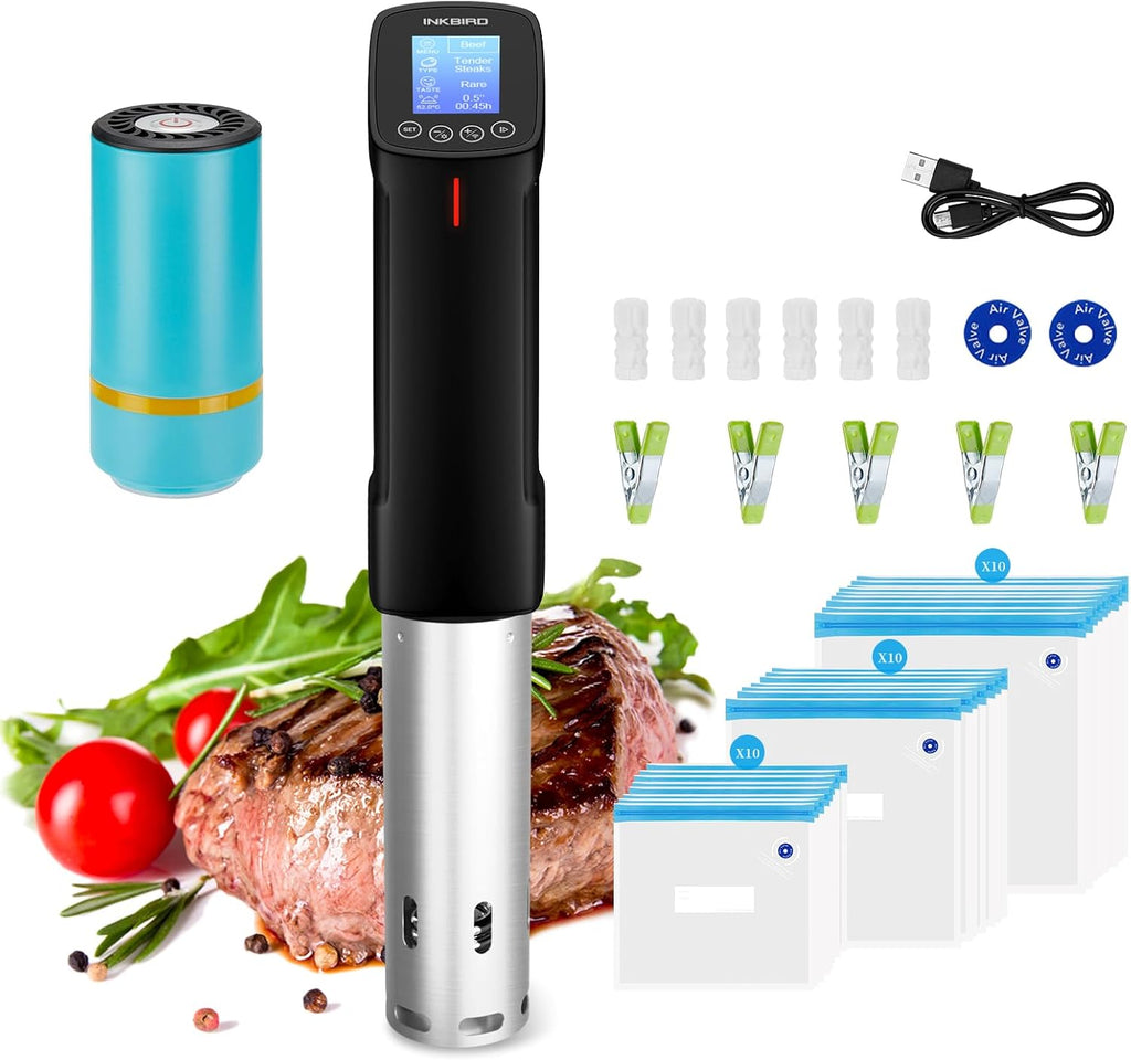 INKBIRD WIFI Sous Vide Cooker y 44 piezas de bomba selladora al vacío Sous Vide Kits de inicio con 30 bolsas de Sous Vide, recetas en la aplicación, máquina Sous-Vide de 1000 W para bistec