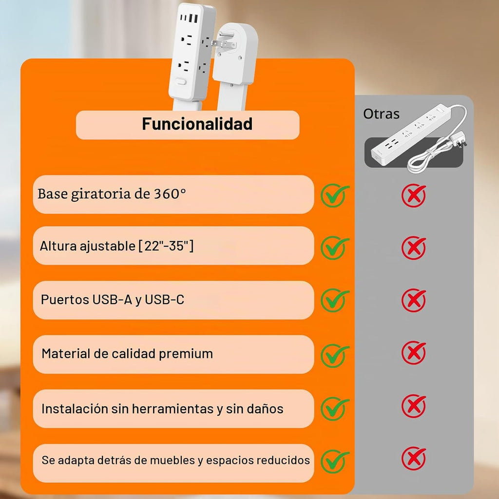 Extensor de tomacorriente: cuenta con 2 USB-A, 2 salidas USB-C y 6 salidas de CA, se extiende de 22 a 35 pulgadas, gira 360° de acceso de difícil acceso, enchufes de pared, mesitas de noche, sofás