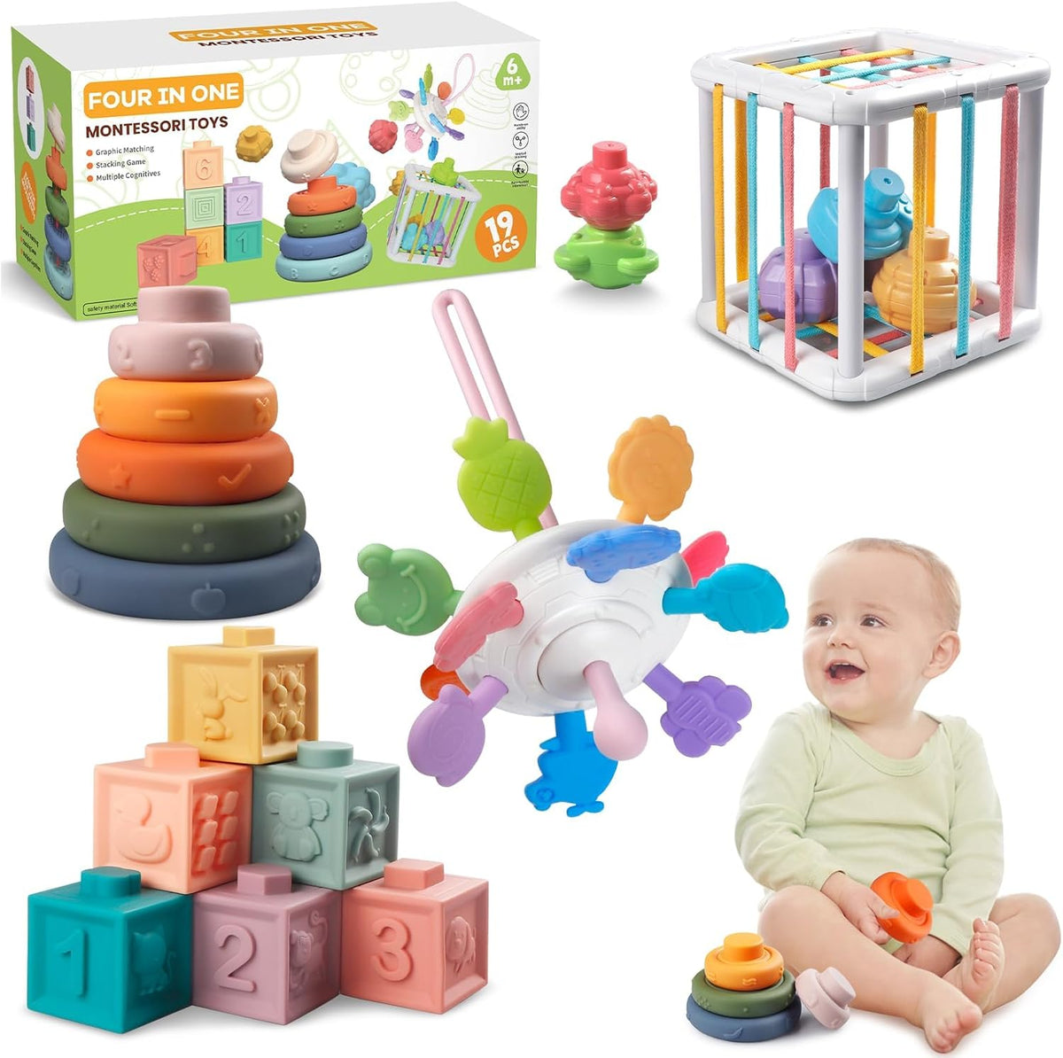 Set de Juguetes Montessori 4 en 1 para Bebés con Mordedor de Cuerda de Arrastre y Bloques Apilables