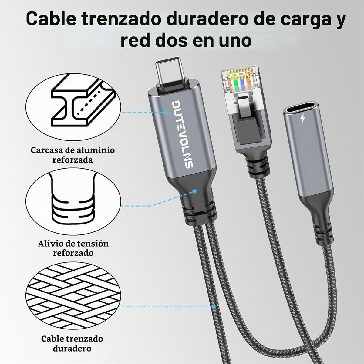 Cable USB-C a Ethernet y carga de 60 W de 6.6 pies, PD USB-C y LAN Gigabit 2
