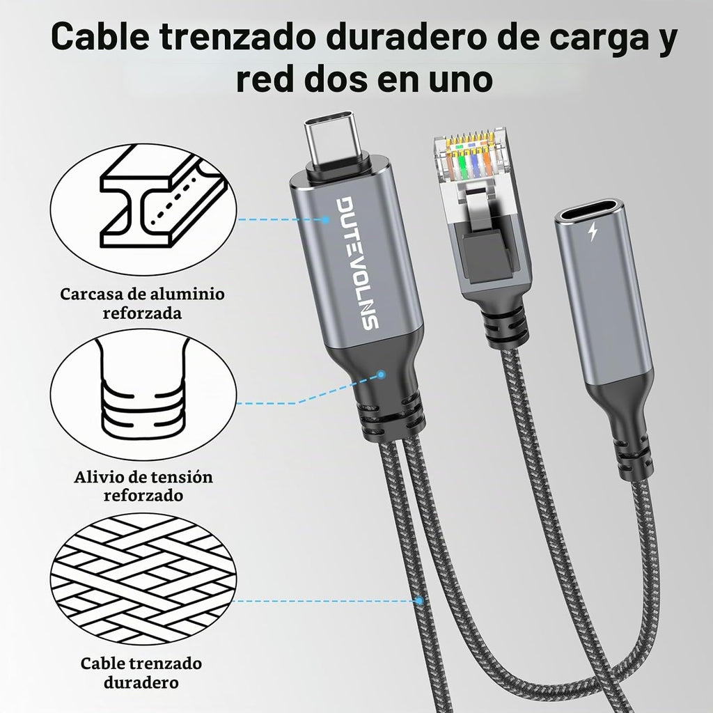 Cable USB-C a Ethernet y carga de 60 W de 15 pies, USBC PD y Gigabit LAN 2