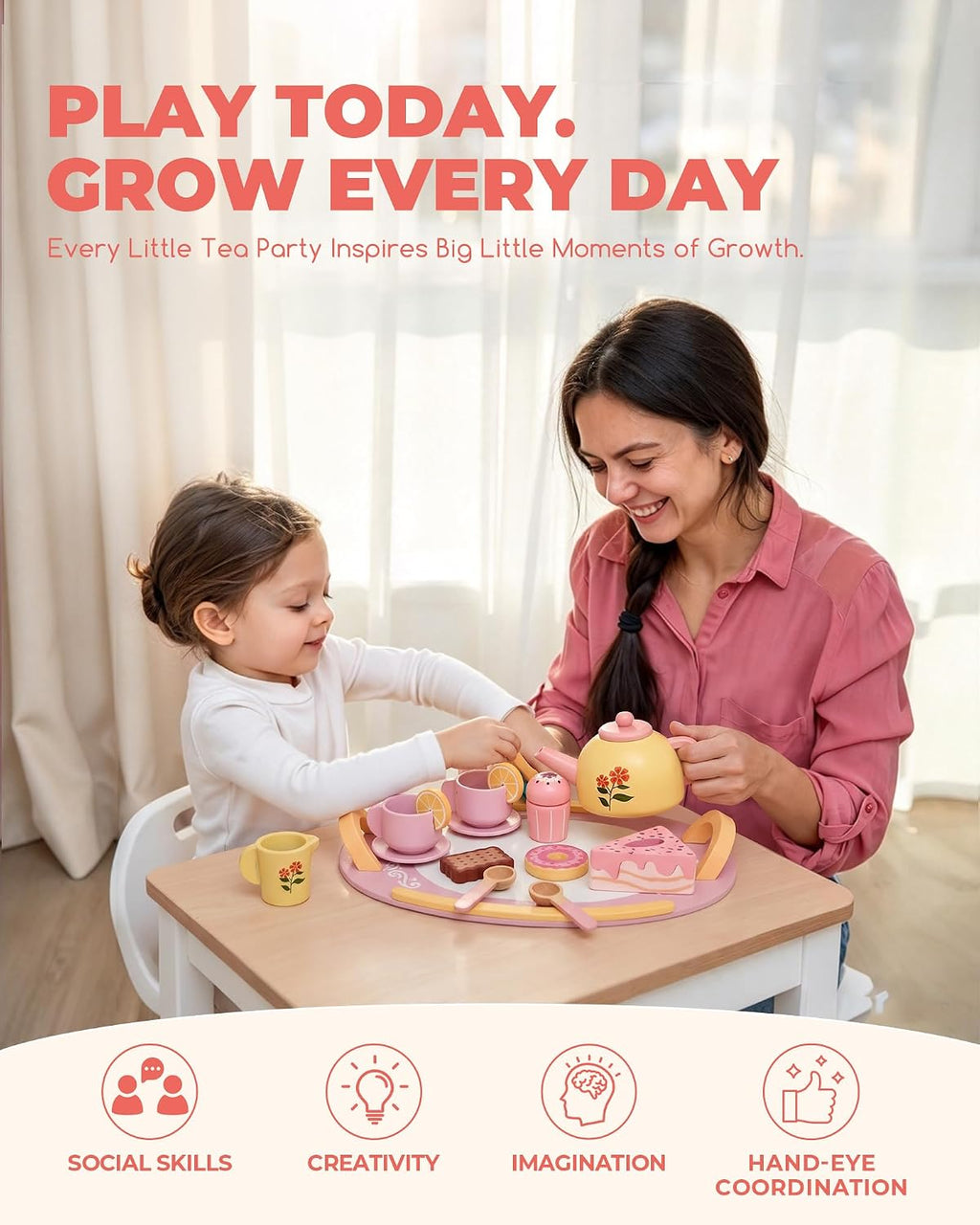 Juego de té de madera para niñas pequeñas, juego de comida de simulación