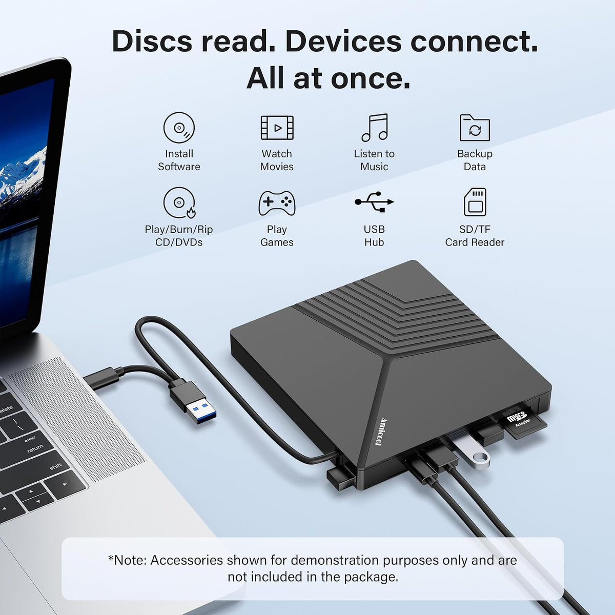 Unidad de CD/DVD externa Amicool 8 en 1 USB A\/C con puerto de lect...