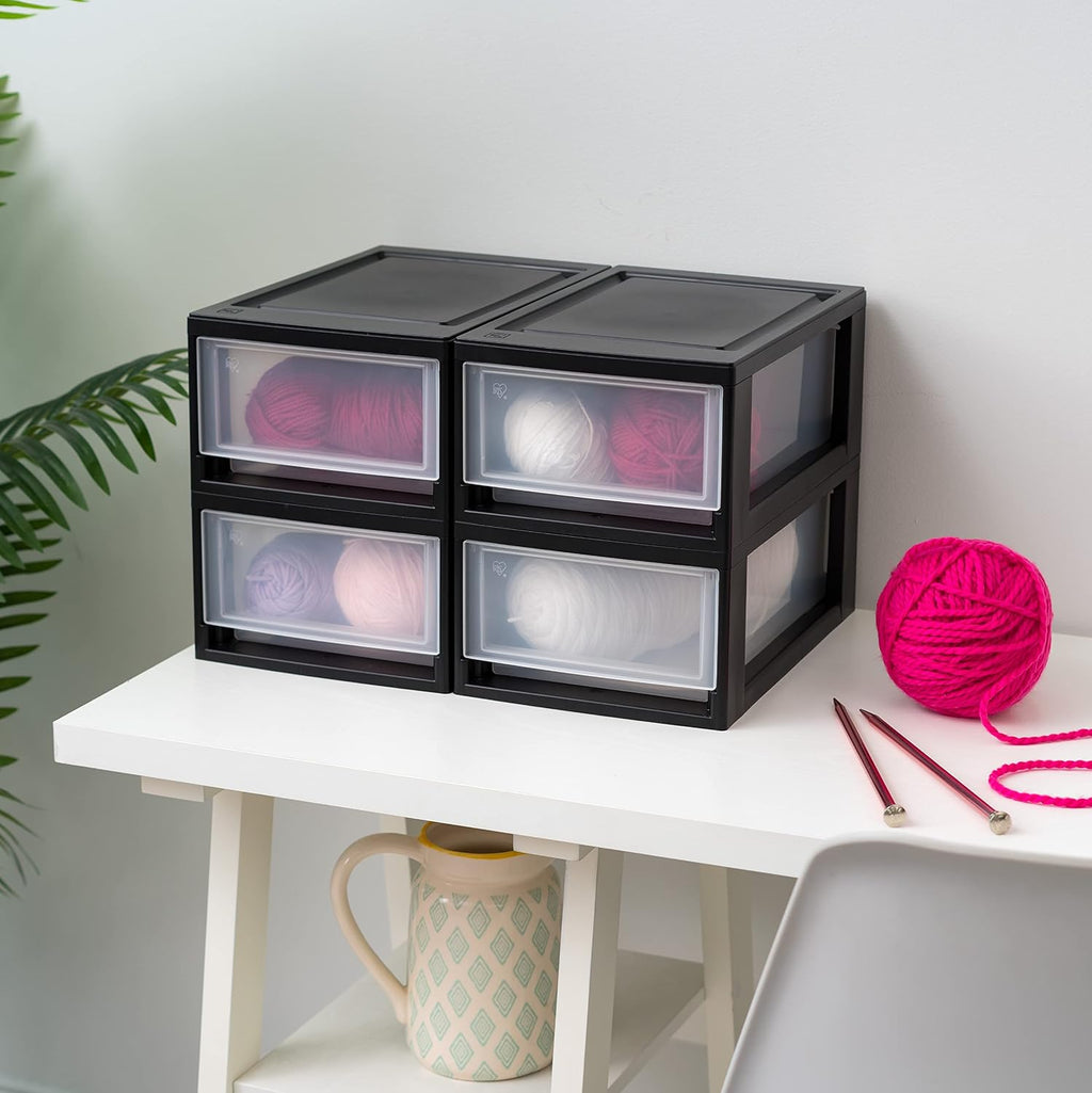 IRIS USA Paquete de 4, Organizadores apilables con cajones pequeños de 6 Qt., Negro