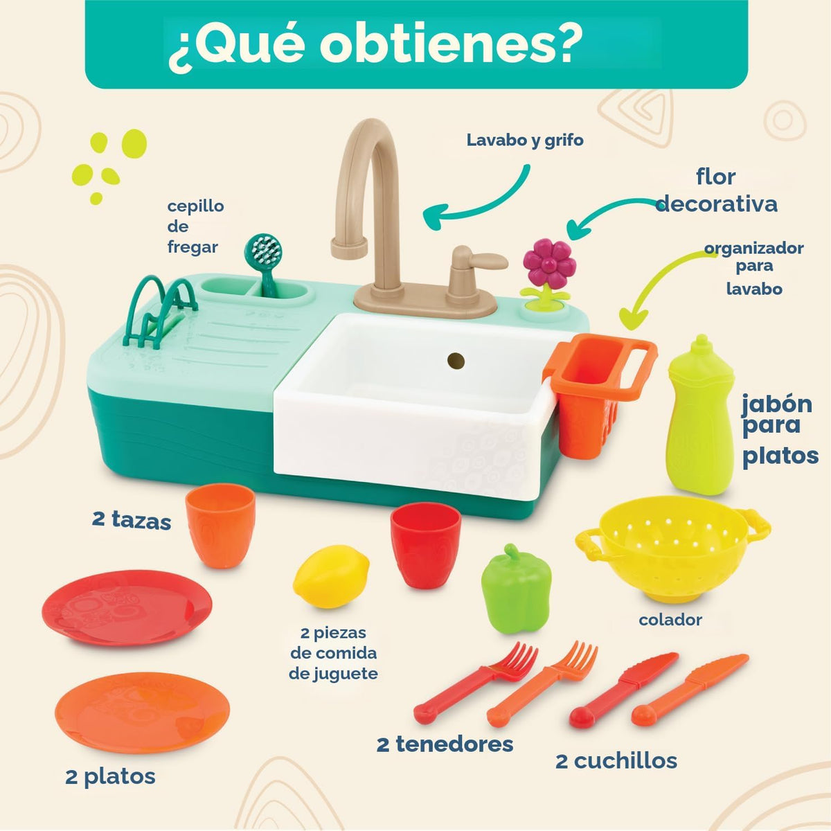 B. toys - Fregadero de juego, fregadero Splash-n-Scrub con grifo de agua corriente