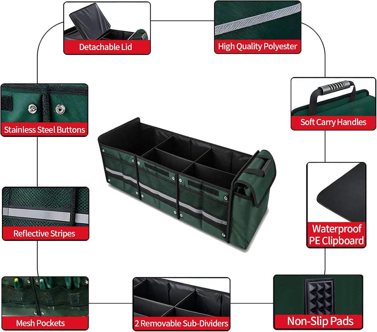 Organizador de maletero de automóvil con bolsa enfriadora extraíble, almacenamiento plegable con múltiples compartimentos para SUV, camión, comestibles, campamento, organizador de carga de nailon duradero (verde)