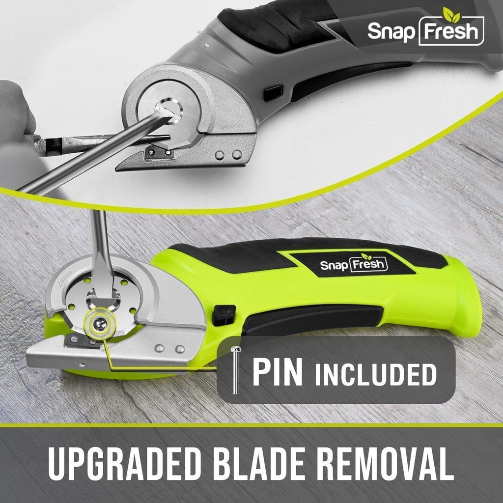 SnapFresh Tijeras Eléctricas Inalámbricas, Cortador de Caja Mini Eléctrico de 4V, Herramienta de Corte de Alfombra y Cartón con Hoja de Reemplazo/Cargador, Cortador Rotativo para Paquetes de Cartón