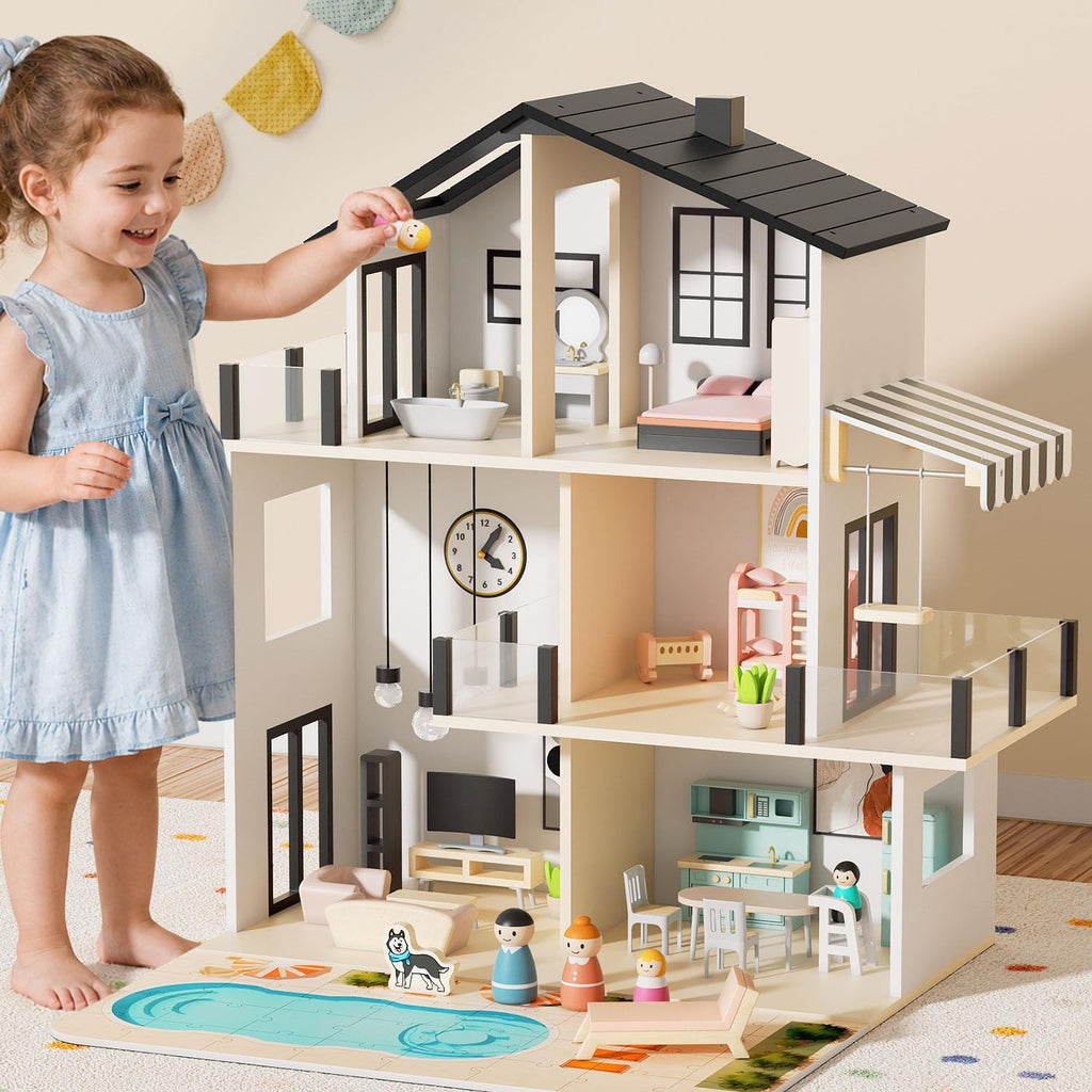 Casa de muñecas de madera para niñas de 3 a 8 años, 5 habitaciones