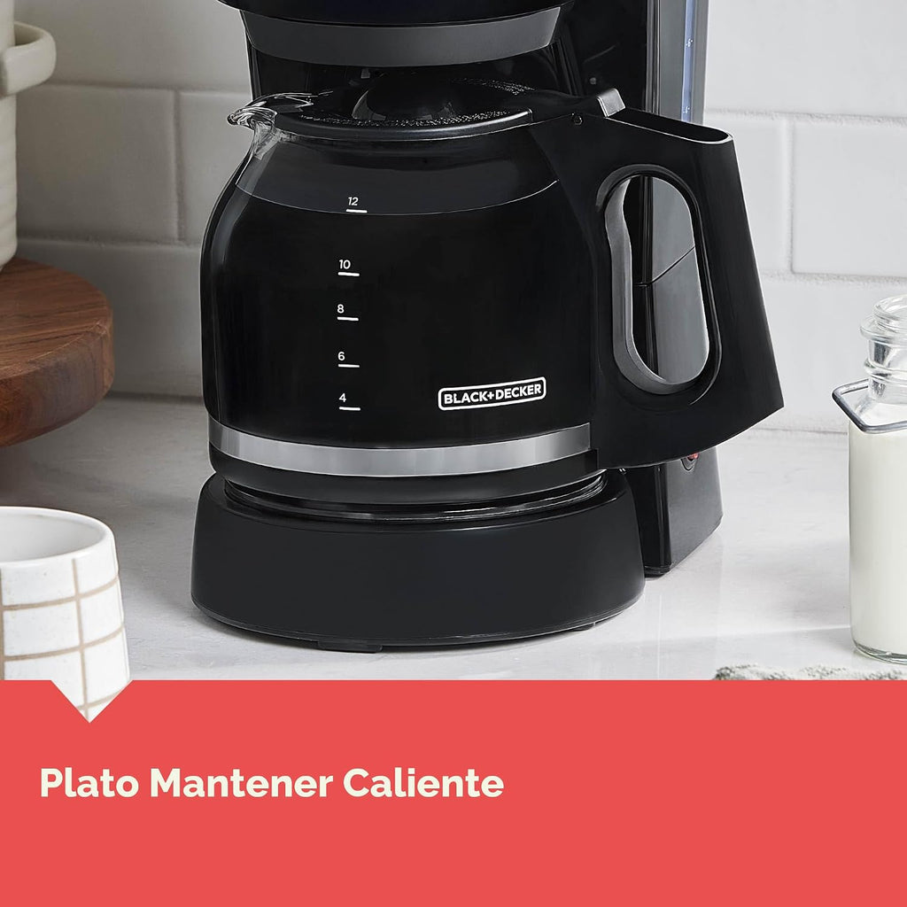BLACK+DECKER Cafetera de café de 12 tazas con interruptor de encendido/apagado fácil, fácil de verter, jarra sin goteo con cesta de filtro extraíble, tecnología Vortex, color negro