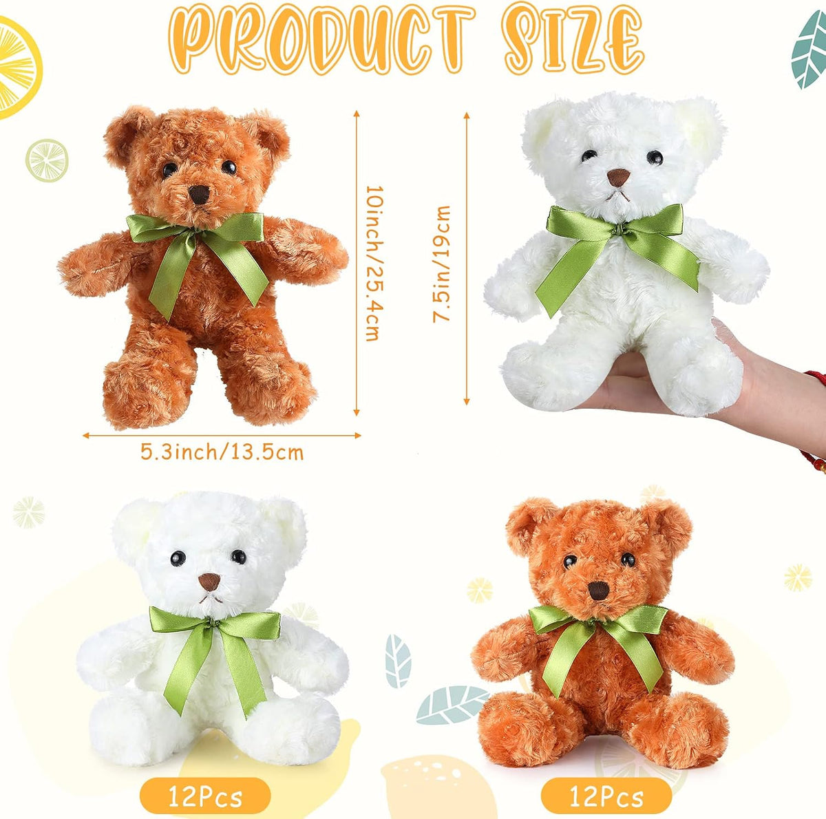 HyDren 24 piezas de animales de peluche con lazo verde de 10 pulgadas