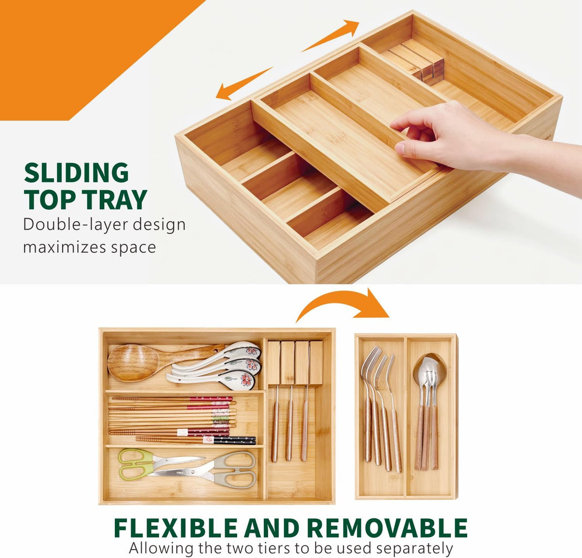 Organizador de cajones de cocina de bambú, 6 compartimentos anchos