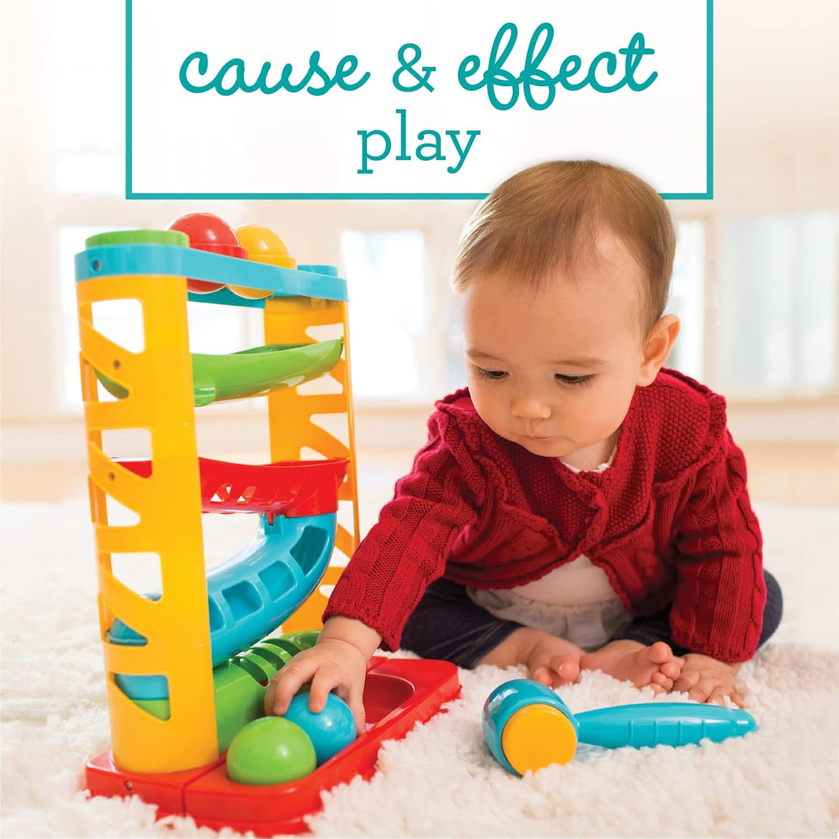 Infantino Bop & Drop Ball Tower - Juguete de actividad con martillo y 4 bolas, 12 meses