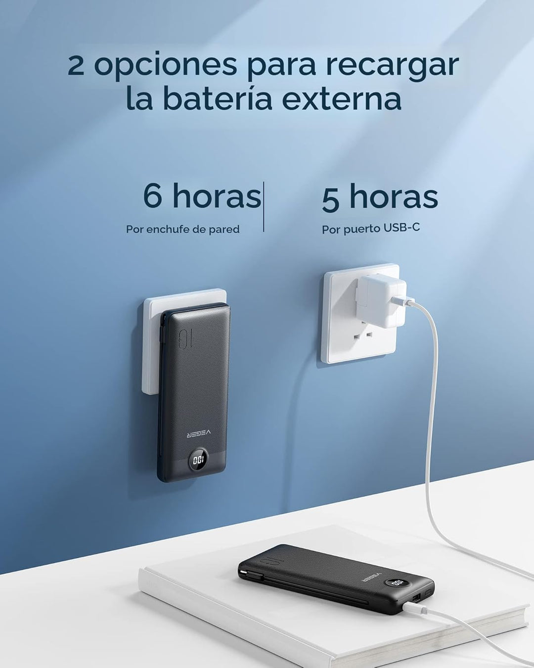 VEGER Cargador portátil para iPhone con cables integrados y enchufe...