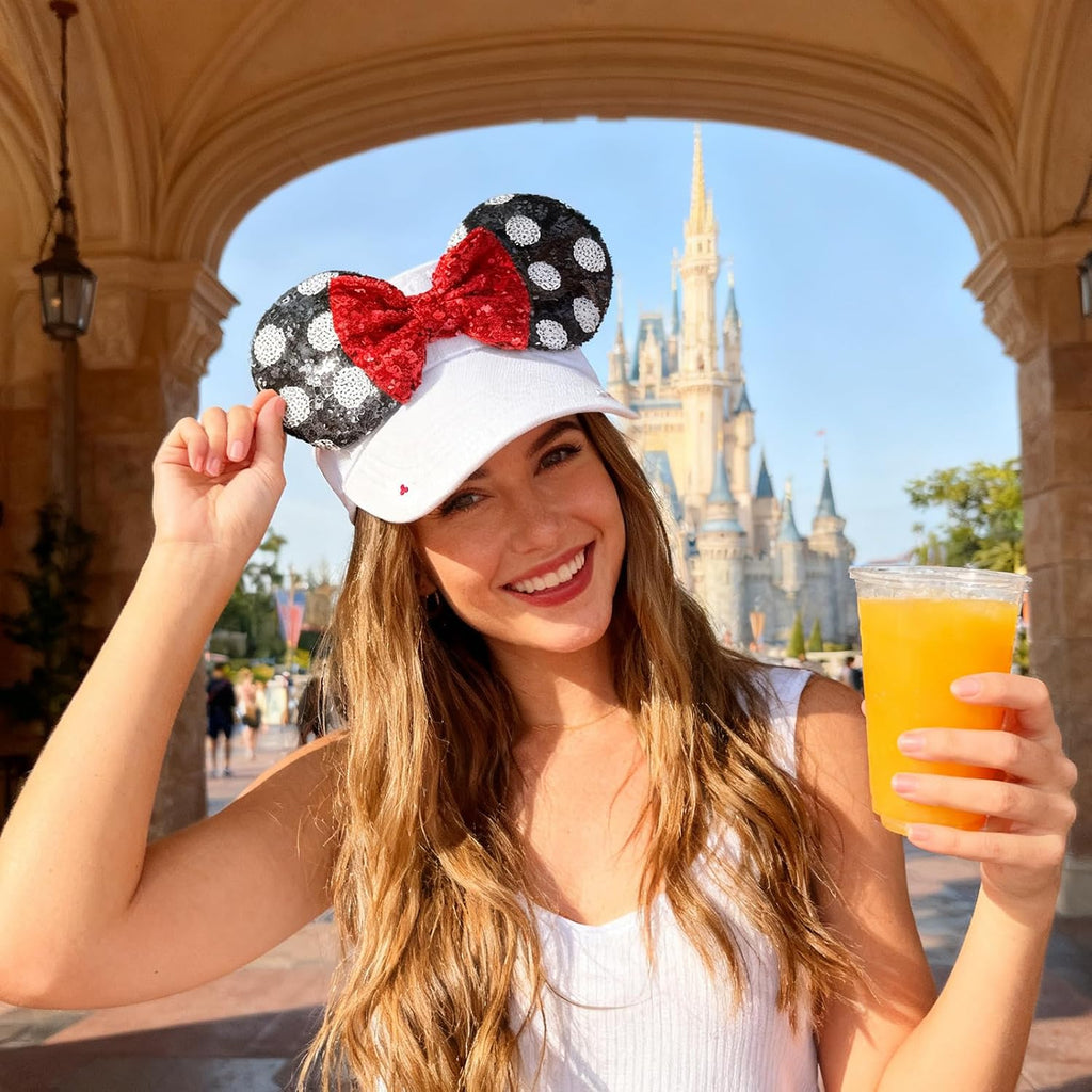 Sombrero brillante con visera de orejas de ratón para mujeres adultas, gorra ajustable con lazo de orejas de ratón de lentejuelas, lindo sombrero de visera con purpurina para parques temáticos y festivales, color blanco
