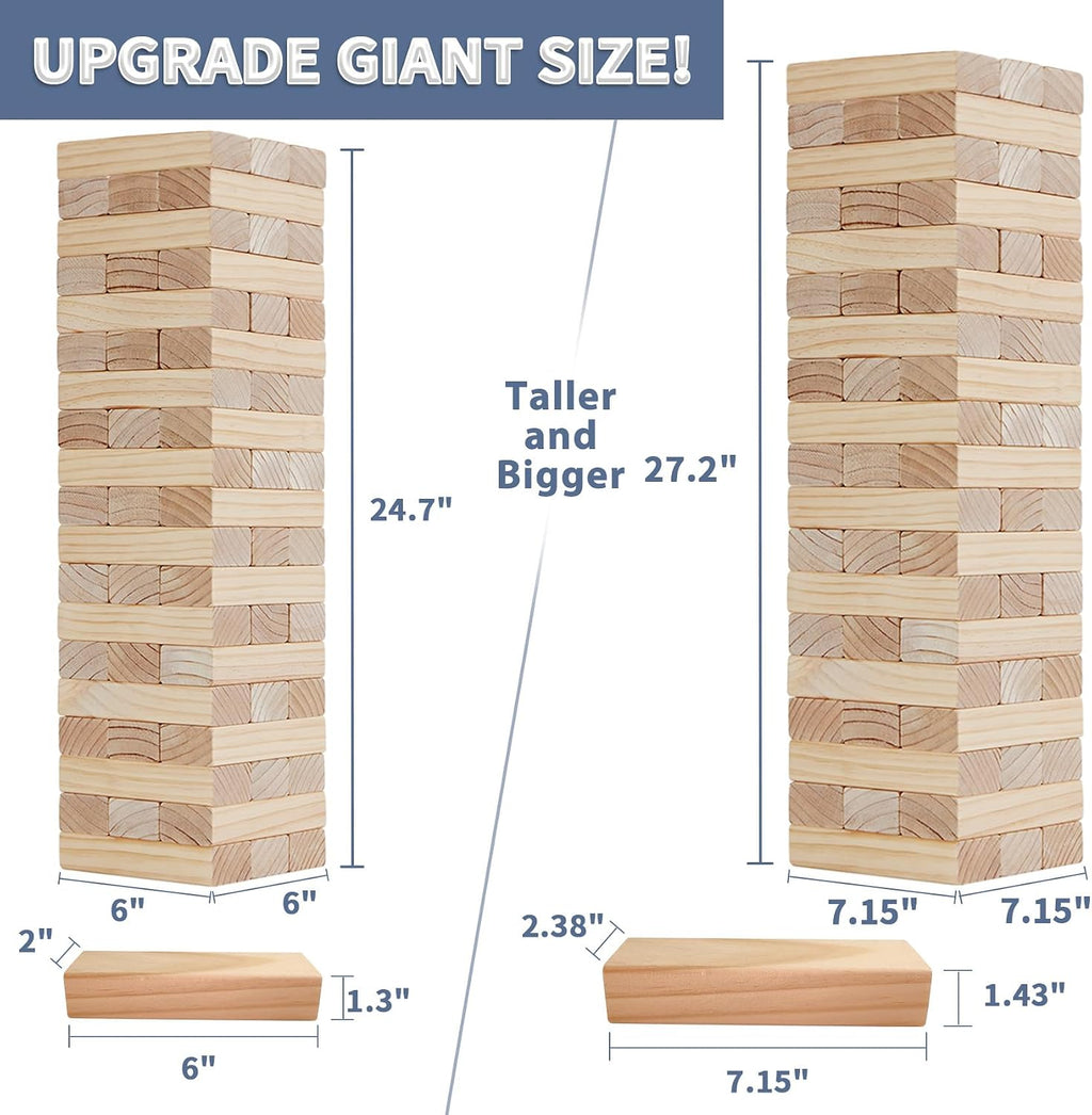 Torre gigante de hasta de 5 pies de alto, juego de apilar, 57 bloques de madera de pino de Nueva Zelanda; p/interiores/exteriores, fiesta de cumpleaños, p/adultos y niños de todas las edades