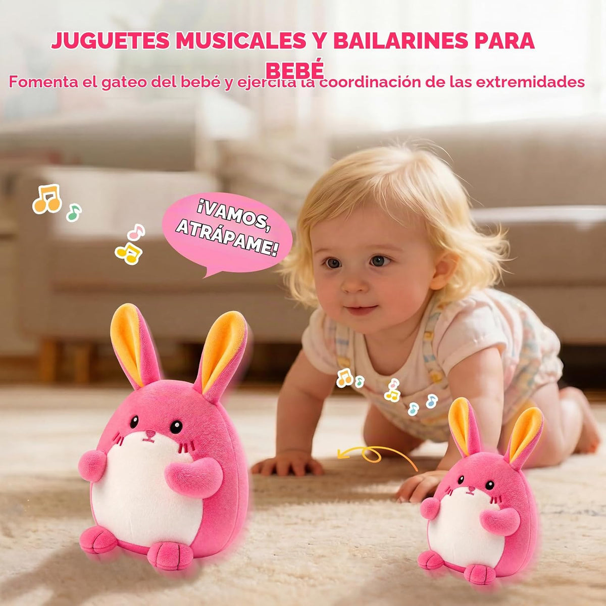 Juguete musical de conejo rosa para bebé, regalo adorable para