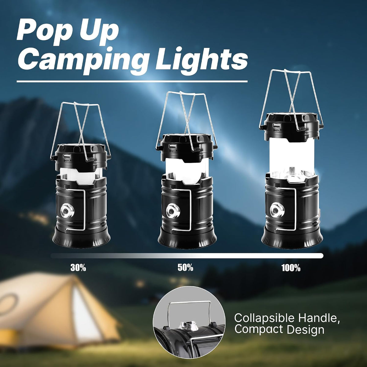 Lámpara Lichamp Linterna solar plegable portátil para campamento, linterna LED recargable por USB, kits de supervivencia para cortes de energía, suministros de huracán, emergencia, interior y exterior