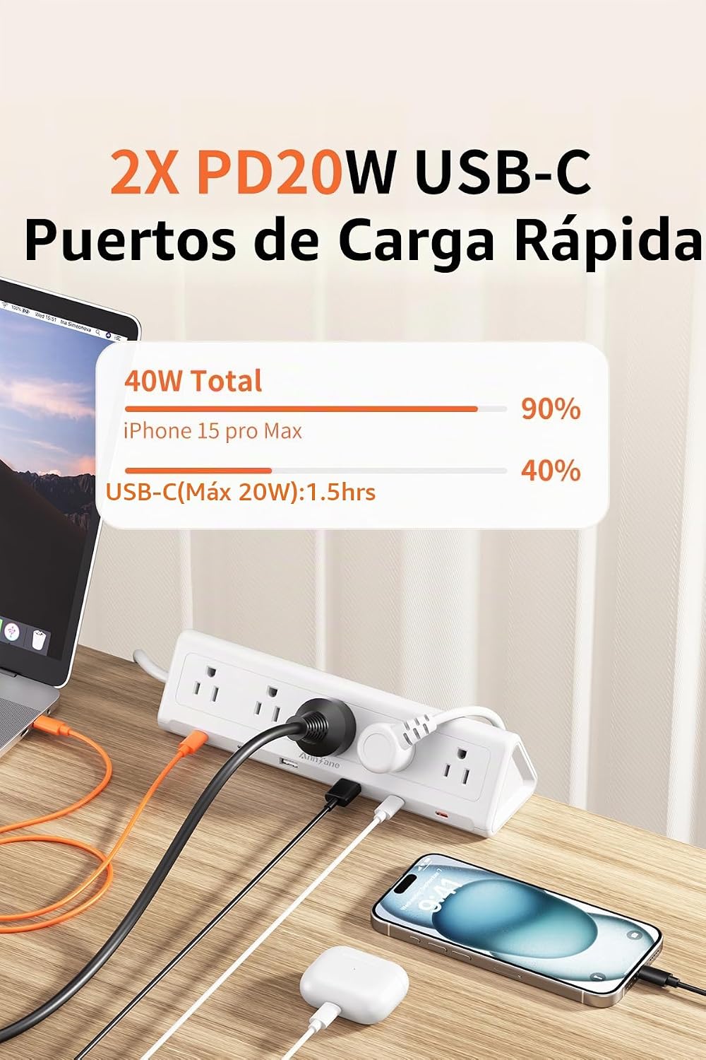 Abrazadera de escritorio USB C, carga rápida de 40 W, 10 pies