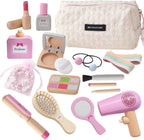 Juego de 19 juguetes de maquillaje de madera para niños pequeños, juegos de simulación para niños, juguetes de rol para niños, juguetes de salón de cosméticos falsos