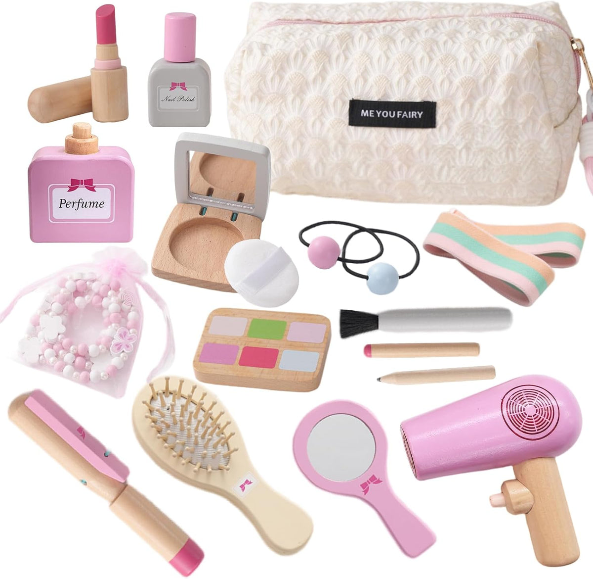 Juego de 19 juguetes de maquillaje de madera para niños pequeños, juegos de simulación para niños, juguetes de rol para niños, juguetes de salón de cosméticos falsos