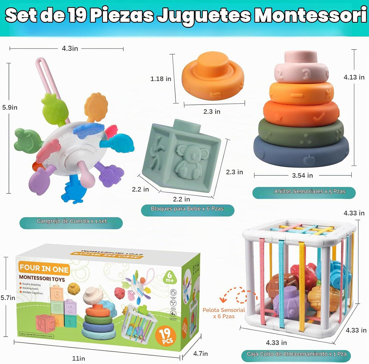 Set de Juguetes Montessori 4 en 1 para Bebés con Mordedor de Cuerda de Arrastre y Bloques Apilables